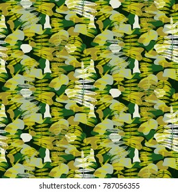 Camouflage spots and fern leaves green seamless vector pattern. Geometric repeating background.
