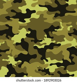 Patrón sin fisuras de los puntos de camuflaje. Textura abstracta de puntos oscuros sobre un fondo amarillo. Imprimir en tela para la caza y la pesca Ilustración vectorial