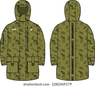 Camouflage Storm proof Coat Hoodie jacket design flat sketch Illustration, Hooded utility jacket with front and back view, winter jacket for Men and women. for hiker, outerwear and workout in winter