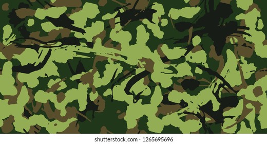 Camouflage with strokes and splashes brush shape, seamless texture, Camo pattern. Army or hunting green uniform. Military Wallpaper for textile and fabric. Grunge style. Vector