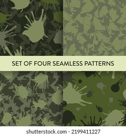 Camouflage style abstract seamless pattern set in green and grey. Vector illustration. Printable. Military pattern set with hand painted spots, stains, splashes and dots.