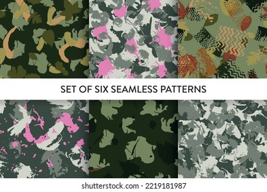 Camouflage style abstract seamless repeat pattern set. Vector illustration. Trendy military pattern collection with hand drawn stain, splash, spot, blot, leaves, tire. 