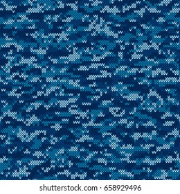 Camouflage Style Knitted Pattern. Seamless Knitting Texture with Shades of Blue Colors