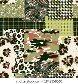 Camouflage Tartan Paisley Blumengewebe Collage Flickwerk Vektor nahtlose Muster
