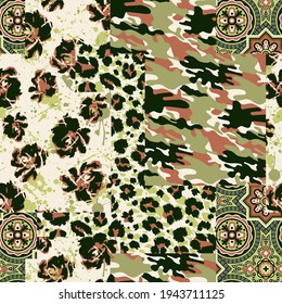 Camouflage Tartan Paisley Leopard Gewebe Collage Flickwerk Vektor nahtlose Muster