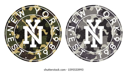 Camouflage texture and New York text for t-shirt design. Typography graphics for tee shirt in military and army style. Print for apparel with camo and grunge. Vector illustration.