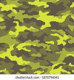 Camouflage texture pixel gradient halftone seamless pattern. Abstract modern military camo ornament of square tiles. Fabric and fashion print background. Vector illustration.