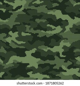 Camouflage texture pixel gradient halftone seamless pattern. Abstract modern military camo ornament of square tiles. Fabric and fashion print background. Vector illustration.