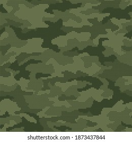 Camouflage texture pixel gradient halftone seamless pattern. Abstract modern military camo ornament of square tiles. Fabric and fashion print background. Vector illustration.