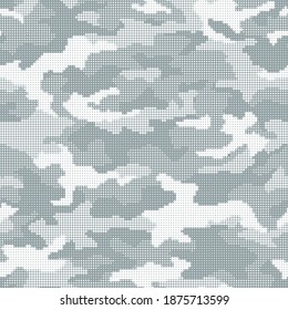 Camouflage Textur Pixel Farbverlauf-halfton nahtlosen Muster. Abstrakte moderne militärische Camo-Ornament von quadratischen Fliesen. Stoffhintergrund und Modedruckhintergrund. Vektorgrafik.