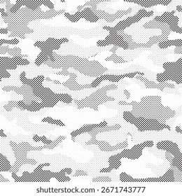 Camuflagem textura sem costura padrão pontilhado. Meio-tom abstrato fundo militar sem fim para tecido e impressão têxtil de moda. Ilustração vetorial.