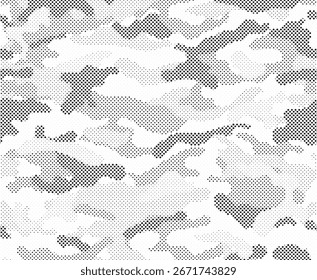 Camuflagem textura sem costura padrão pontilhado. Meio-tom abstrato fundo militar sem fim para tecido e impressão têxtil de moda. Ilustração vetorial.