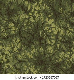 Camouflage texture seamless pattern. Abstract hand drawn endless floral branch background in military style. Fabric and fashion print template. Vector illustration.