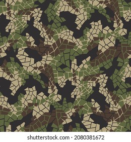 Textura de camuflaje sin fisuras con azulejos caóticos. Resumen de ornamento militar moderno para tela y estampado textil de moda. Fondo vectorial.