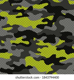 Camouflage texture seamless pattern with grid. Abstract modern endless military bacnground for fabric and fashion textile print. Vector illustration.