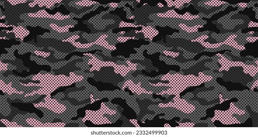 Camouflage texture seamless pattern with grid. Vector camouflage pattern for clothing design. Trendy camouflage military pattern.	