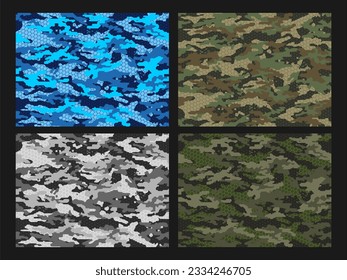 Camouflage texture seamless pattern with grid. Abstract modern endless military background for fabric and fashion textile print. Vector illustration.