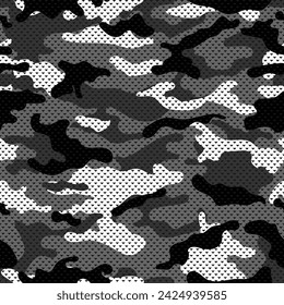 Camouflage texture seamless pattern with grid. Vector camouflage pattern for clothing design. Trendy camouflage military pattern. 