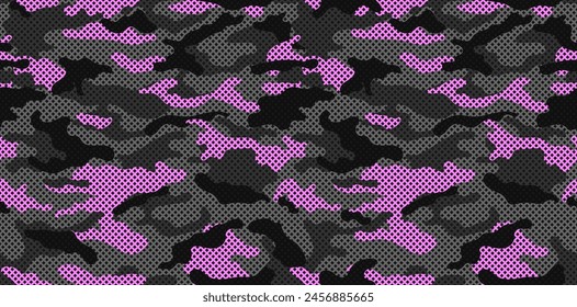 Camouflage texture seamless pattern with grid. Vector camouflage pattern for clothing design. Pink camouflage military pattern. 