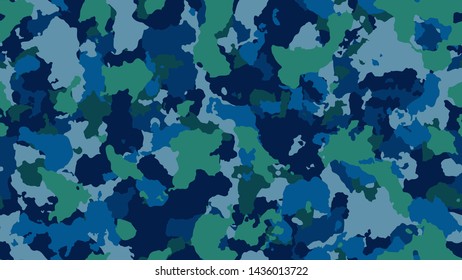Camouflage texture seamless pattern. Military clothing textile. Abstract camo backgound. Blue trendy flyer. Colorful hunting illustration. Combat fabric design.