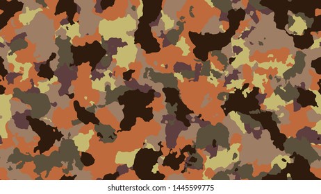 Camouflage texture seamless pattern. Military clothing textile. Abstract camo backgound. Brown creative invite. Colorful hunting illustration. Combat fabric design.