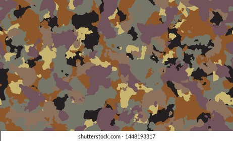 Camouflage texture seamless pattern. Military clothing textile. Abstract camo backgound. Brown vintage invite. Colorful hunting illustration. Combat fabric design.