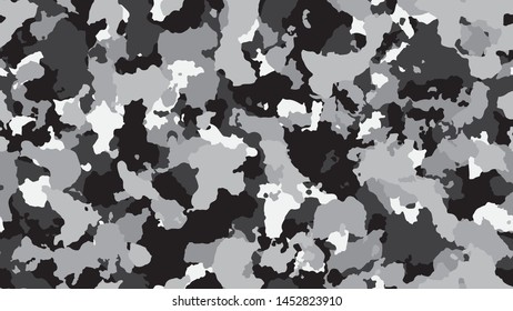 Camouflage texture seamless pattern. Military clothing textile. Abstract camo backgound. Black and white stylish flyer. Colorful hunting illustration. Combat fabric design.