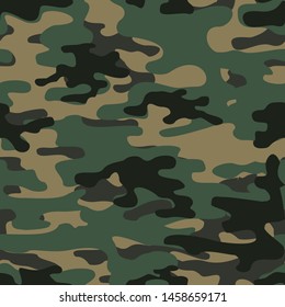 
Camouflage texture seamless pattern. Military, hunting background. Dark green and brown spots isolated on dark background. Print on fabric on paper. Vector