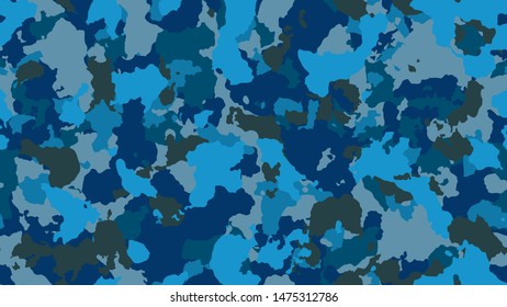 Camouflage texture seamless pattern. Military clothing textile. Abstract camo backgound. Blue creative template. Colorful hunting illustration. Combat fabric design.