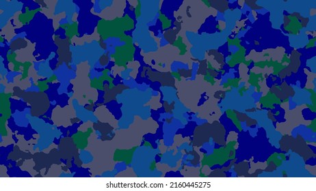Camouflage texture seamless pattern. Military clothing textile. Abstract camo backgound. Blue colorful invite. Colorful hunting illustration. Combat fabric design.