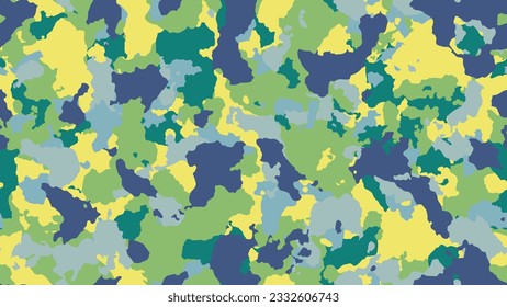 Camouflage texture seamless pattern. Military clothing textile. Abstract camo backgound. Green bright invite. Colorful hunting illustration. Combat fabric design.