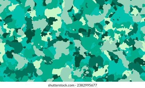 Camouflage texture seamless pattern. Military clothing textile. Abstract camo backgound. Cyan, green creative template. Colorful hunting illustration. Combat fabric design.