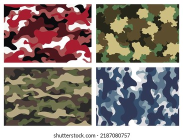 Camouflage texture seamless patterns. Abstract modern camo backgrounds for fabric and fashion textile print. Woodland style. Textures of classic clothing in masking style
