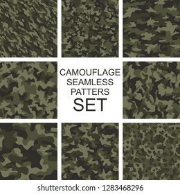 Camouflage texture seamless patterns set. Abstract modern military endless camo ornaments collection for fabric and fashion print. Vector illustration.