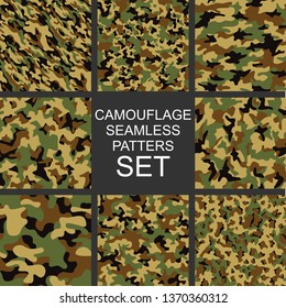 Camouflage texture seamless patterns set. Abstract modern military endless camo ornaments collection for fabric and fashion print. Vector illustration.