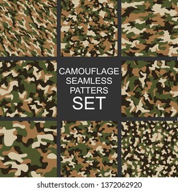 Camouflage texture seamless patterns set. Abstract modern military endless camo ornaments collection for fabric and fashion print. Vector illustration.