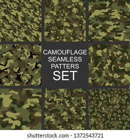 Camouflage texture seamless patterns set. Abstract modern military endless camo ornaments collection for fabric and fashion print. Vector illustration.