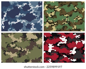 Camouflage texture seamless patterns set. Abstract modern camo backgrounds for fabric and fashion textile print. Woodland style. Textures of classic clothing in masking style