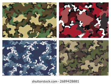 Camuflagem textura sem emenda padrões definidos. Fundo moderno abstrato camo para tecido e impressão têxtil de moda. Estilo Woodland. Texturas de roupas clássicas em estilo de máscara