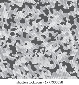 Camouflage Texture Snow Repeated Doted Vector Design. Gray Camouflage Seamless Pattern. White Seamless Creative Graphic Camouflage. Black Repeated Soldier Graphic Pattern. Gray