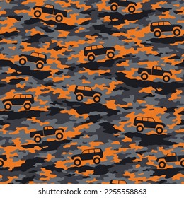 Textura de camuflaje con SUV fuera de los coches de carretera patrón sin fisuras. Resumen de textura militar interminable de camo para tela y estampado textil de moda. Ilustración vectorial.