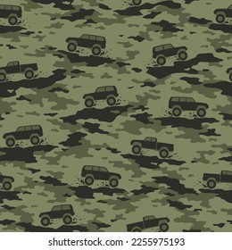 Textura de camuflaje con SUV fuera de los coches de carretera patrón sin fisuras. Resumen de textura militar interminable de camo para tela y estampado textil de moda. Ilustración vectorial.