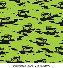 Camouflage texture with SUV off road cars seamless pattern. Abstract modern military endless camo texture for fabric and fashion textile print. Vector illustration.