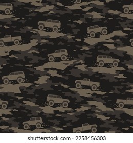 Camouflage texture with SUV off road cars seamless pattern. Abstract modern military endless camo texture for fabric and fashion textile print. Vector illustration.