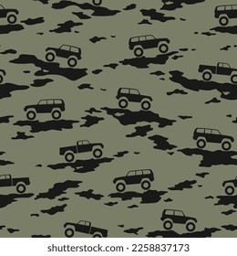 Camouflage texture with SUV off road cars seamless pattern. Abstract modern military endless camo texture for fabric and fashion textile print. Vector illustration.