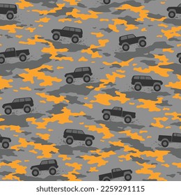 Camouflage texture with SUV off road cars seamless pattern. Abstract modern military endless camo texture for fabric and fashion textile print. Vector illustration.