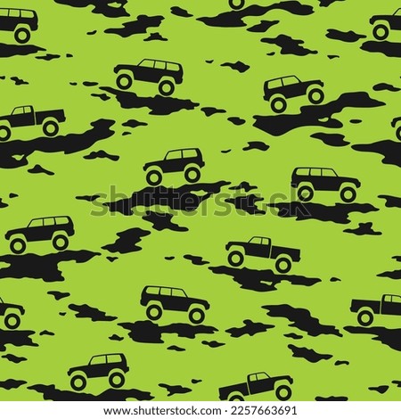 Camouflage texture with SUV off road cars seamless pattern. Abstract modern military endless camo texture for fabric and fashion textile print. Vector illustration.