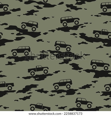 Camouflage texture with SUV off road cars seamless pattern. Abstract modern military endless camo texture for fabric and fashion textile print. Vector illustration.