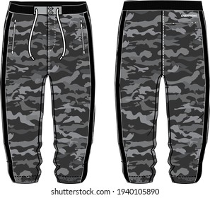 Camouflage Three quarter Shorts design concept vector template, Bermuda Capri Pants concept with front and back view for Soccer, basketball and running active wear Three quarter design.