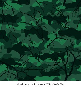 Camouflage with tree branches. Forest pattern.